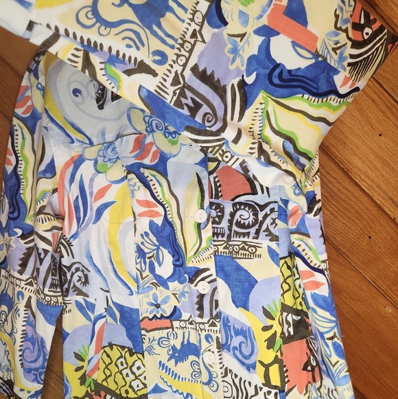 Erin london stretch abstract painted look large button down lightweight jacket - Picture 8 of 16